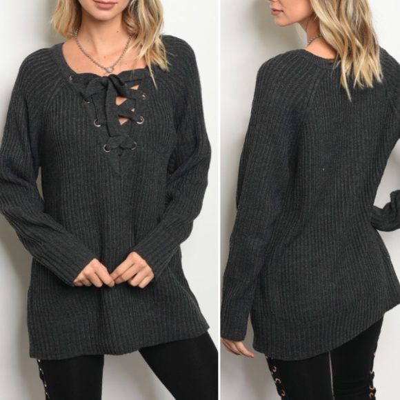 Last 1! SMALL oversized Charcoal Lace Up Sweater - Picture 4 of 4